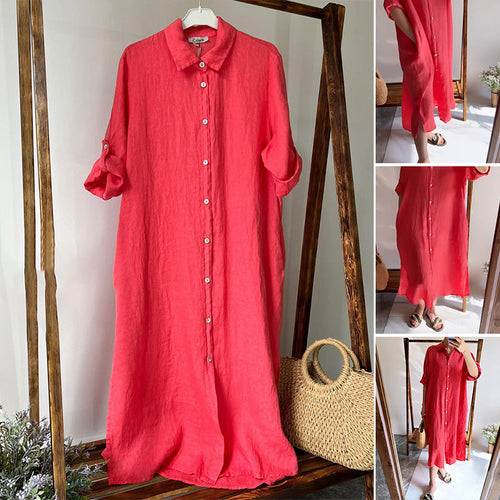 Lapel Buttoned Cotton and Linen Dress