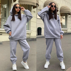 Women's Autumn/Winter Solid Color Hoodie Two Piece Set